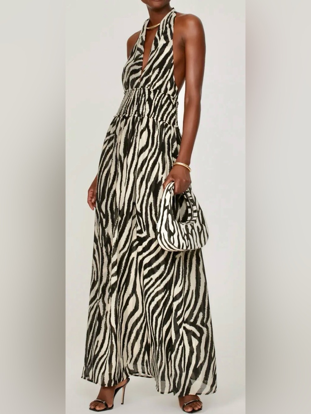 Sleeveless Zebra-Print Maxi Dress in Black and Ivory